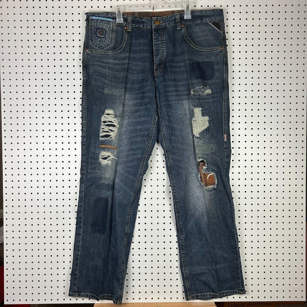 Parish Nation Y2K Blue‎ Jeans 42x34 Distressed Worn Upcycled Skater Grunge Dark